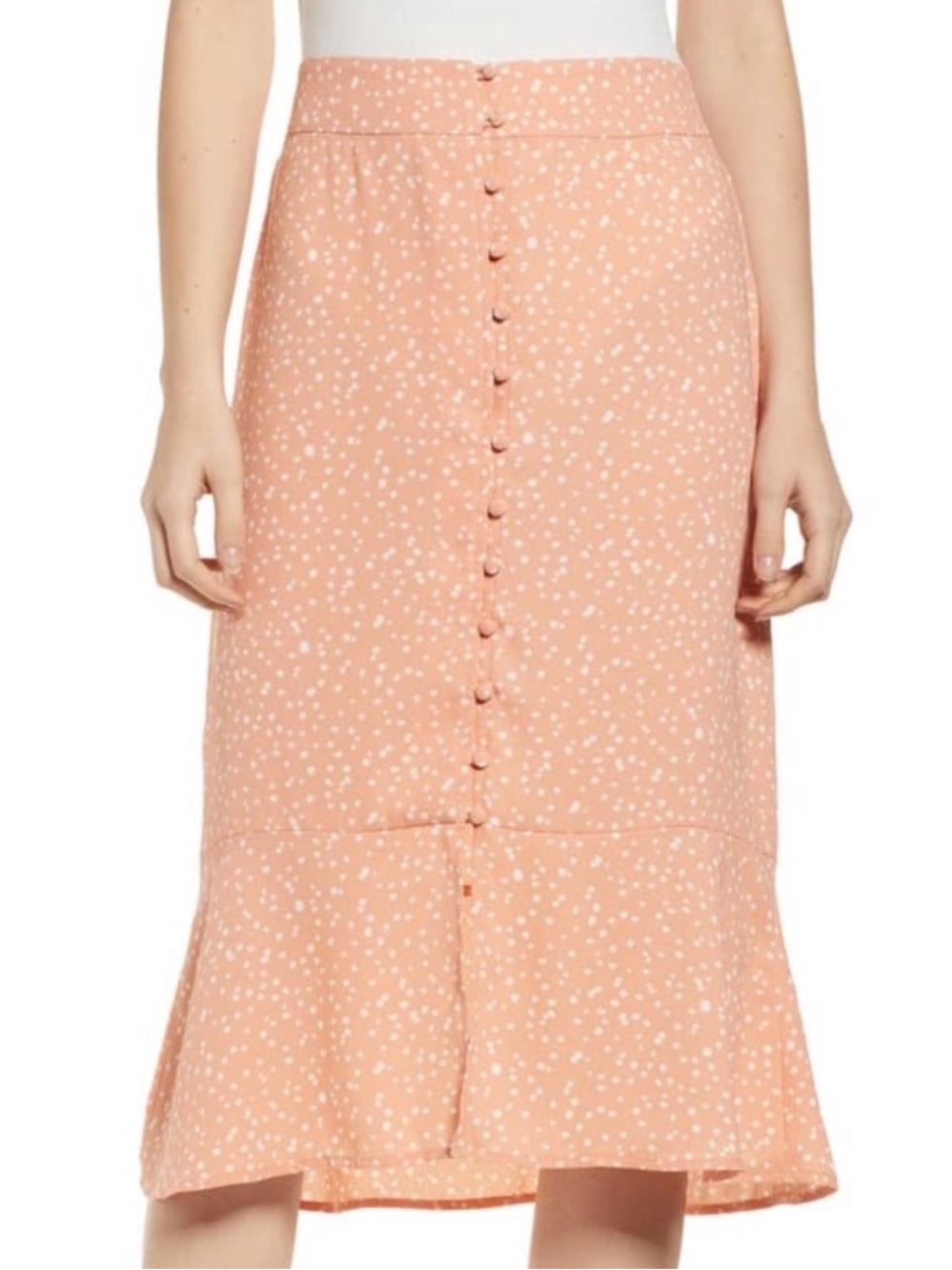 Leith Peach Polka Dot Button-Front Midi Skirt